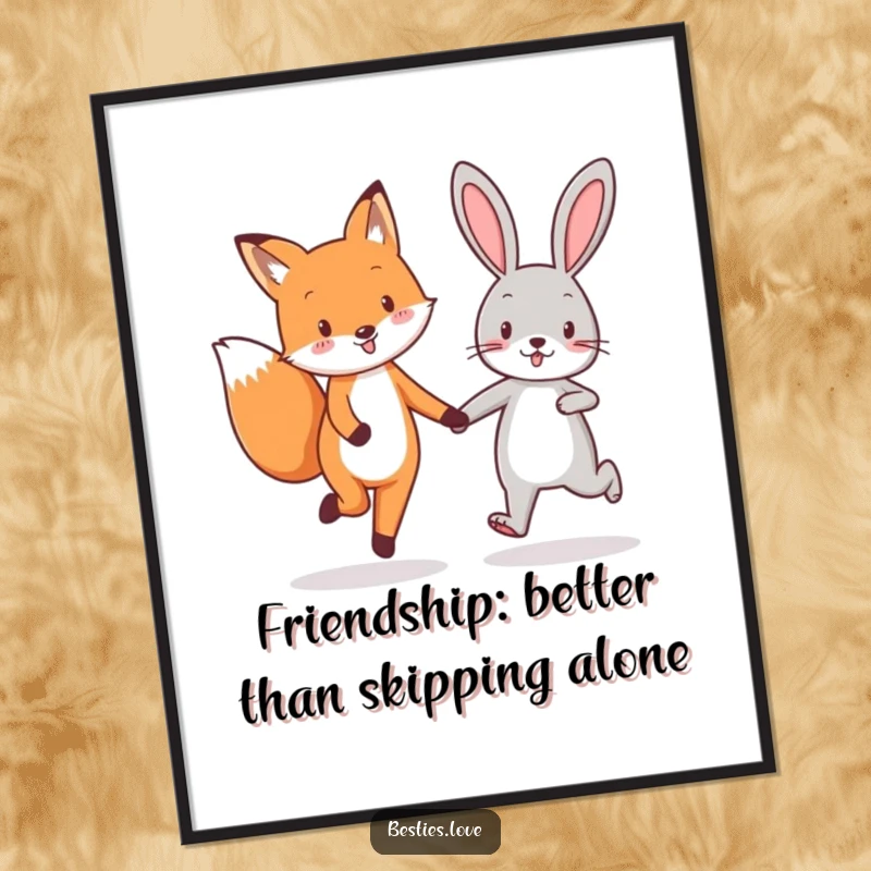 Funny Free Printable Wall Art: A fox and rabbit best friends skipping with enthusiasm, holding hands, radiating happiness.