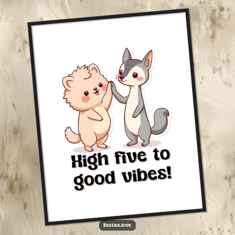 Funny Free Printable Wall Art: Two kawaii animal friends, one fluffy, one sleek, enthusiastically high-fiving. Adorable friendship art.
