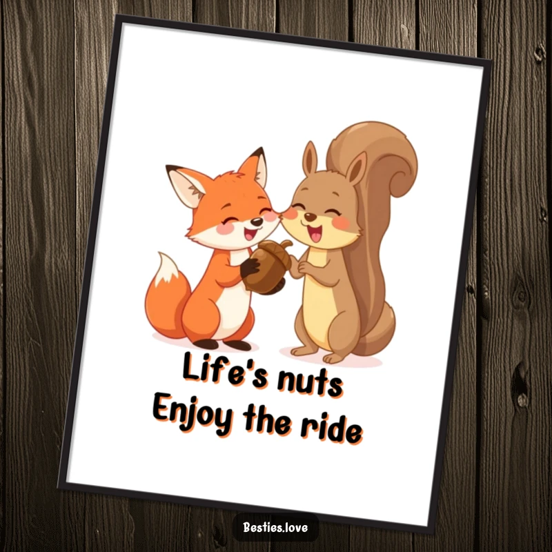 Funny Free Printable Wall Art: A fox and squirrel sharing a giant acorn, erupting in fits of giggles.