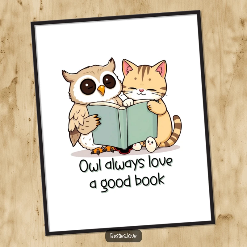 Funny Free Printable Wall Art: A cheerful owl and sleepy cat both smiling while sharing a large book.