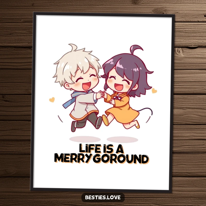 Funny Free Printable Wall Art: Two animated characters engaged in a circular chase, their movements conveying pure, infectious joy.