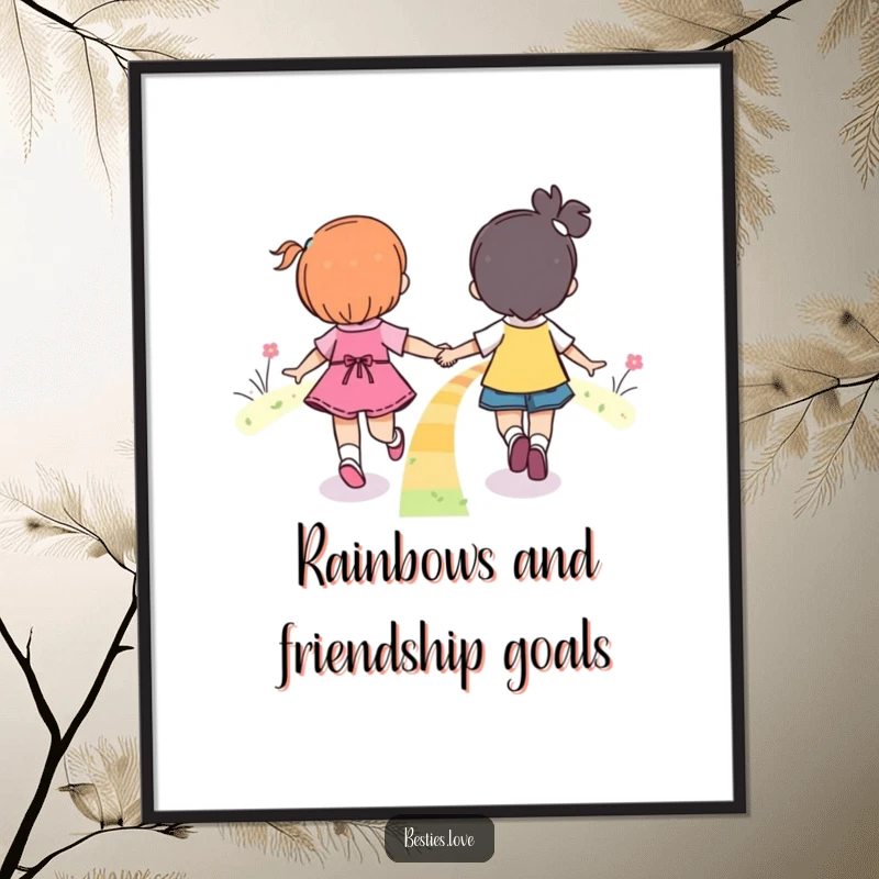 Free Printable Wall Art showing two best friends skipping hand-in-hand on a vibrant rainbow, bringing joy and color. Downloadable decor.