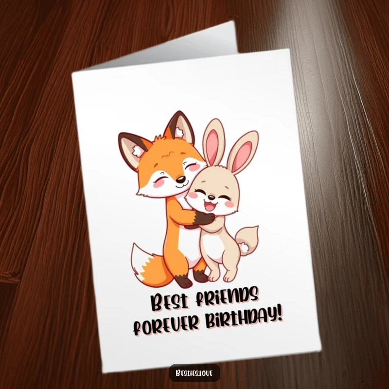 Funny Free Printable Birthday Card showing a fox and bunny best friends sharing a secret hug, a downloadable gift of friendship.