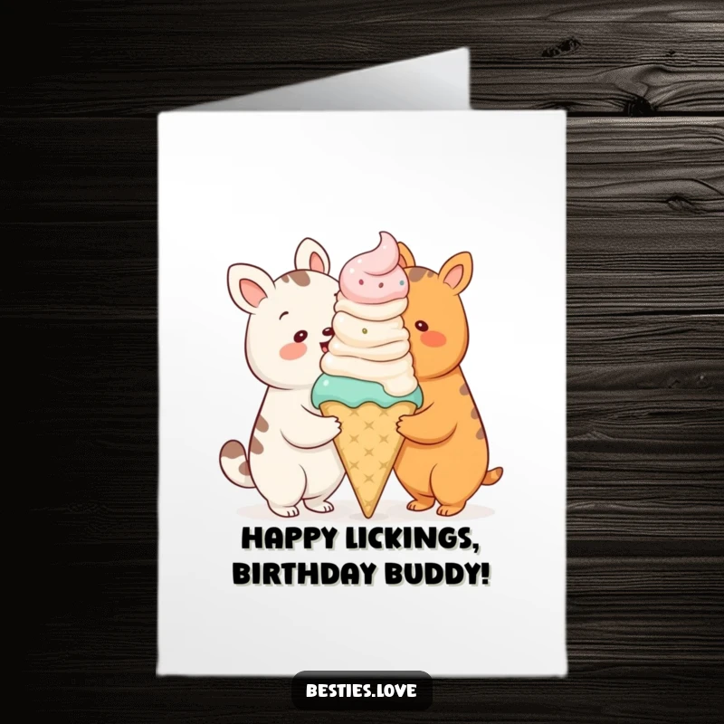 Funny Free Printable Birthday Card of two cartoon animals sharing a comically oversized ice cream cone.