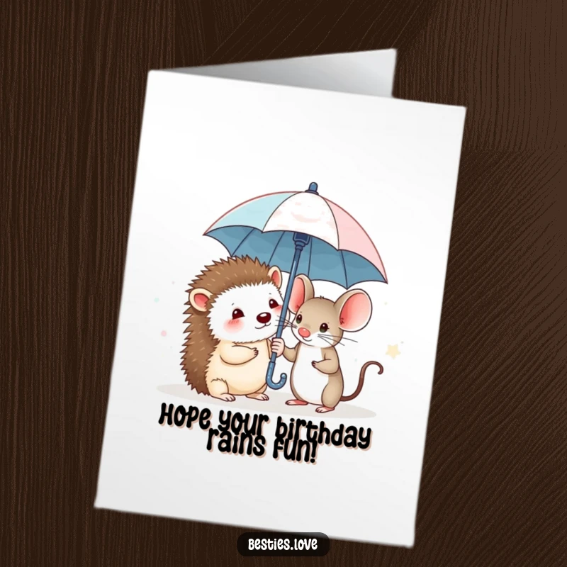 Funny Free Printable Birthday Card: A shy hedgehog and a brave mouse huddled under a tiny umbrella.