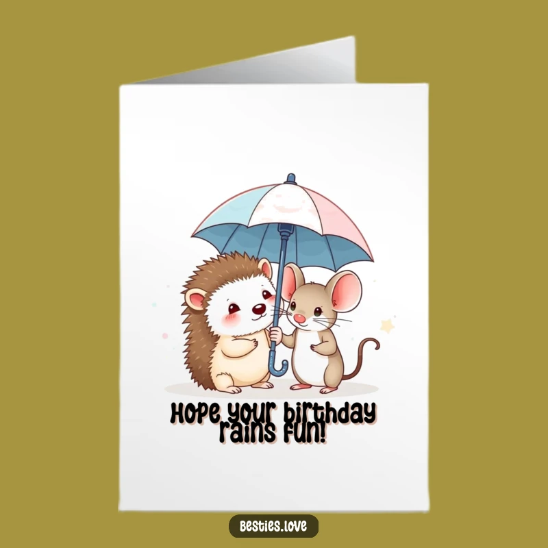 Free Printable Birthday Card: Hedgehog & Mouse Umbrella, Funny Downloadable Gift