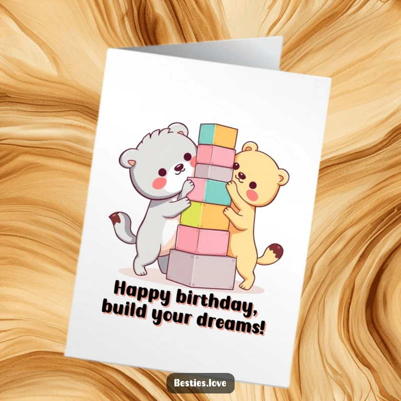 Funny Free Printable Birthday Card: Two bestie animals hilariously attempting to stack colorful blocks into a precarious tower, with comical expressions. A playful scene.