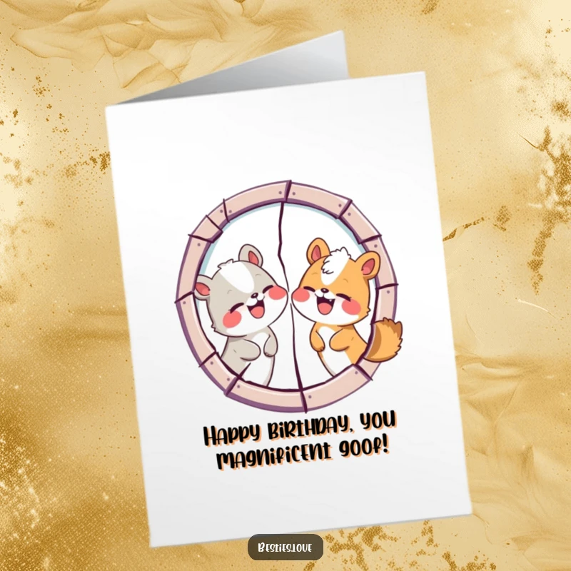Funny Free Printable Birthday Card: Two animal friends hilariously swapping silly faces while looking into a cracked mirror, gleefully laughing. A comical moment.