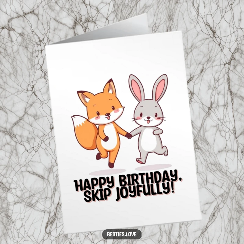 Funny Free Printable Birthday Card: A fox and rabbit best friend duo skipping hand-in-hand with pure enthusiasm.
