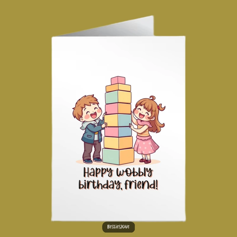 Free Printable Funny Card: Friends Building Tower - Hilarious Birthday Downloadable Gift!