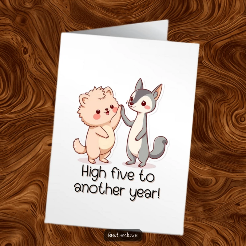 Funny Free Printable Birthday Card: Two kawaii animal friends, fluffy and sleek, enthusiastically high-fiving. Bestie celebration art.