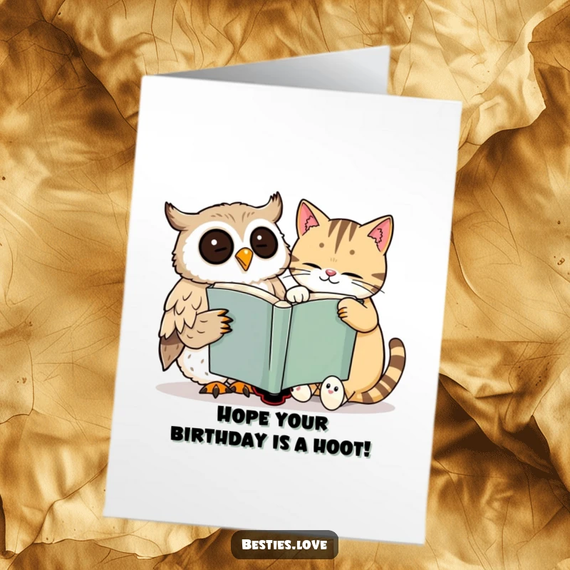 Funny Free Printable Birthday Card: A cheerful owl and sleepy cat smiling while sharing a large book.