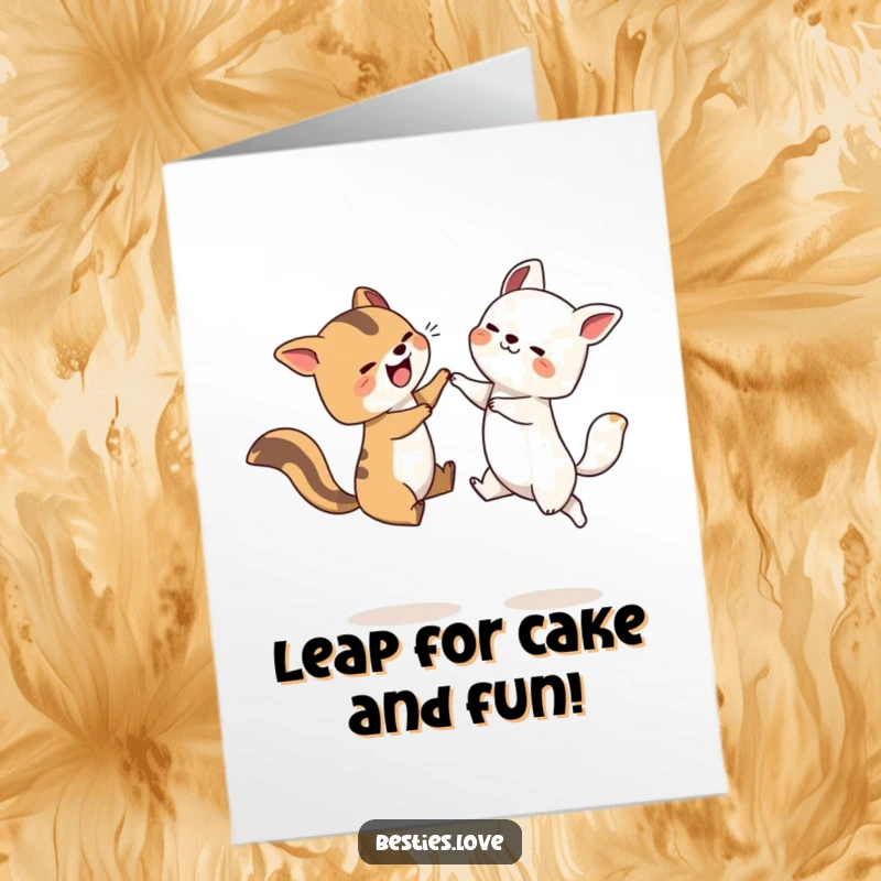 Funny Free Printable Birthday Card featuring two cartoon animals joyfully playing leapfrog, celebrating with energetic fun. A downloadable gift.