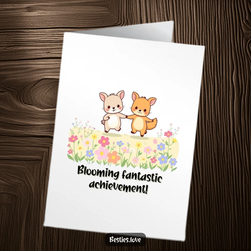 Funny free printable congratulations card: Two joyful animal friends skipping hand-in-hand through a flower field, conveying cheerful congrats and humorous celebration.