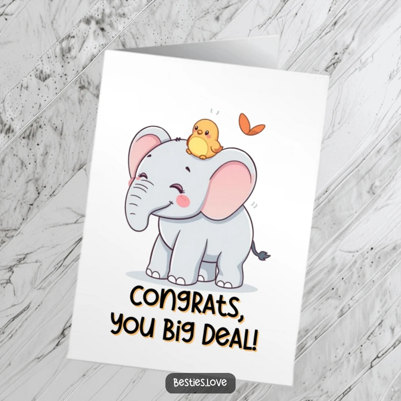 Funny Free Printable Congrats Card showing a gentle elephant offering a ride to a small, happy bird friend.