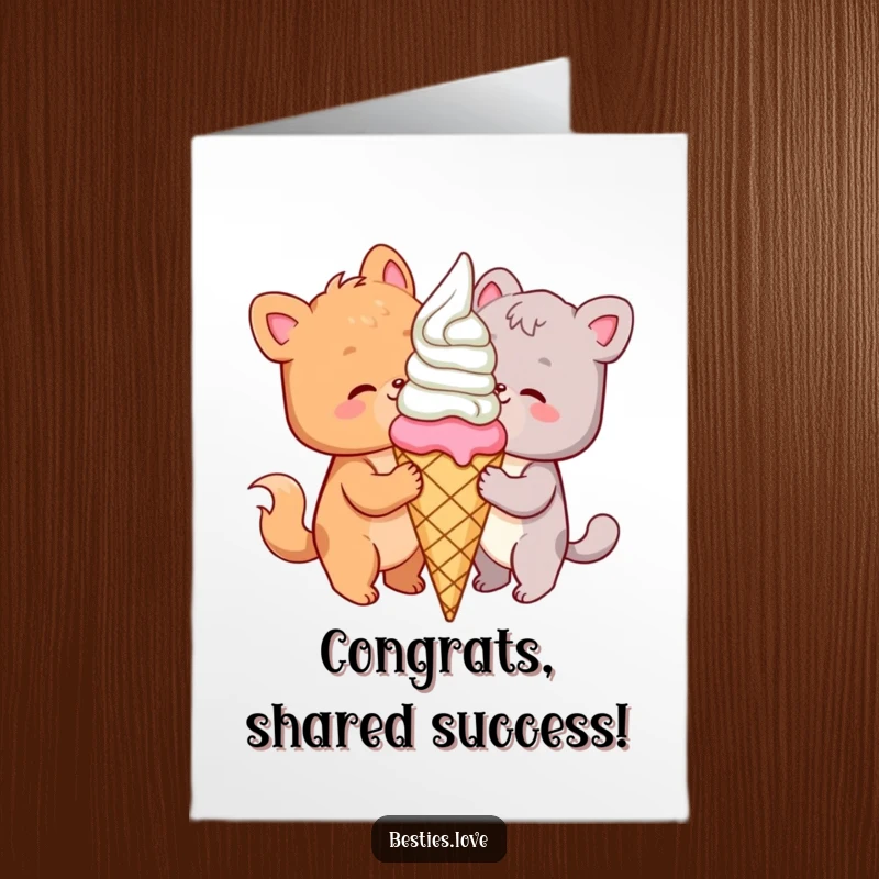 Funny Free Printable Congratulations Card: Happy animal friends joyfully sharing a massive ice cream cone, celebrating an achievement.