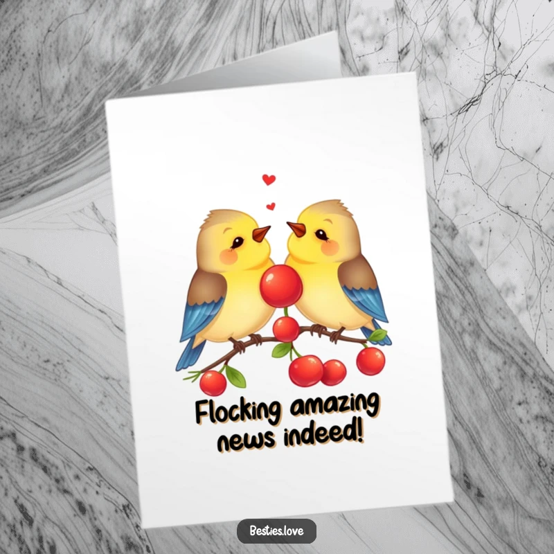 Funny free printable congratulations card: Two cheerful best friend birds sharing a vibrant red berry, symbolizing shared happiness and funny success.