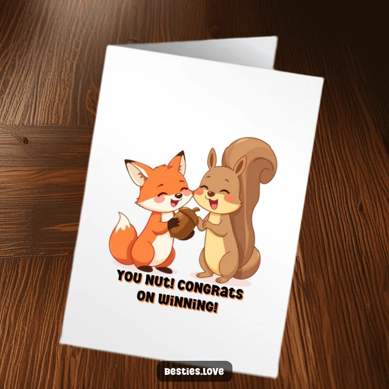 Funny Free Printable Congratulations Card: Fox and squirrel sharing a giant acorn, laughing heartily.