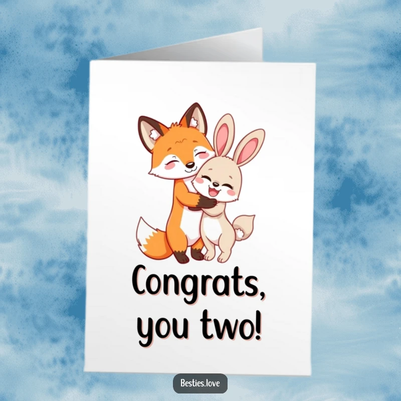 Funny Free Printable Congratulations Card featuring a fox and bunny sharing a hug, a downloadable gift celebrating friendship.