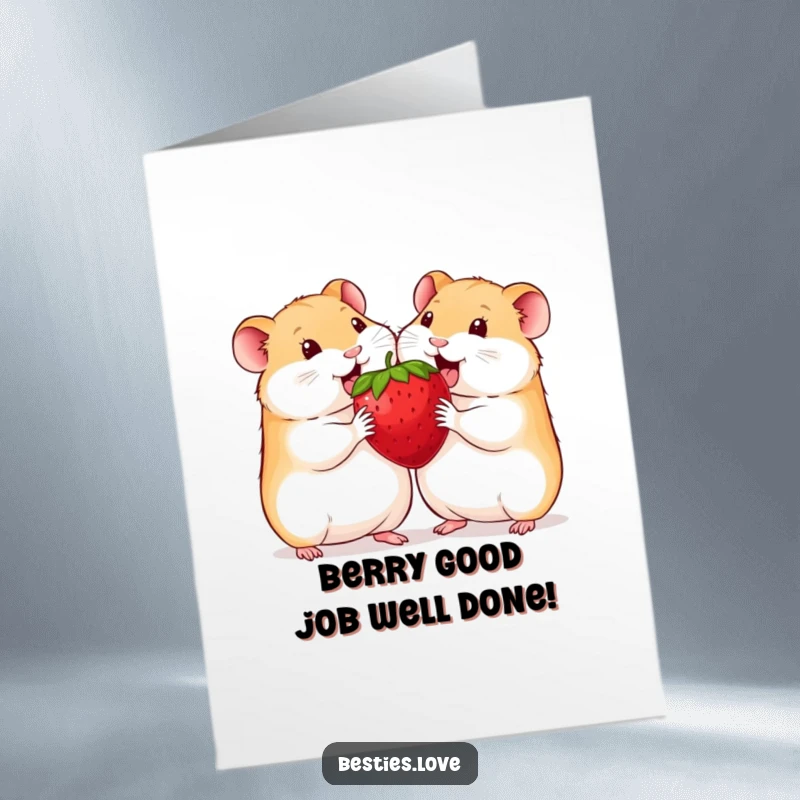 Funny free printable congratulations card: Two ecstatic hamsters sharing a gigantic strawberry, symbolizing shared joy and hilarious success celebration.