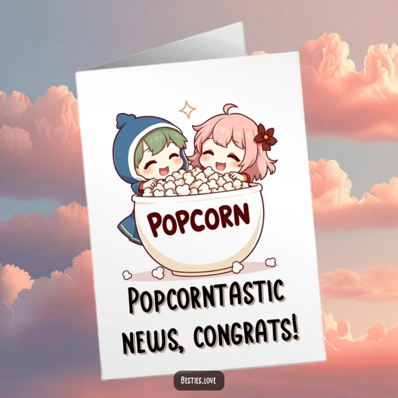Funny Free Printable Congrats Card: Two friends laughing heartily while sharing a gigantic bowl of popcorn.