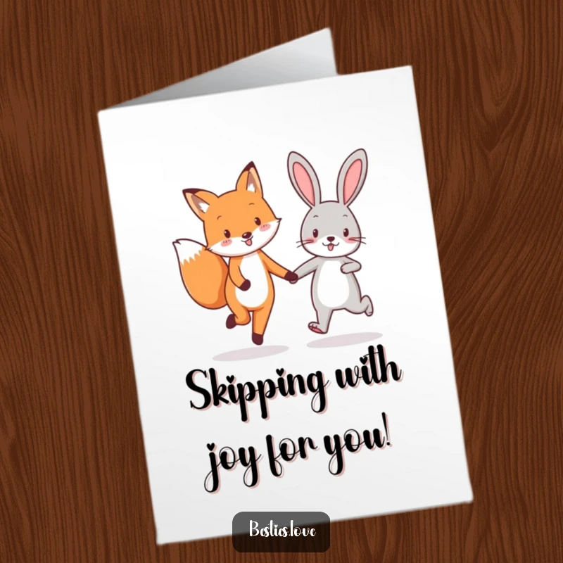 Funny Free Printable Congratulations Card: A fox and rabbit best friends skipping joyfully, celebrating success together.