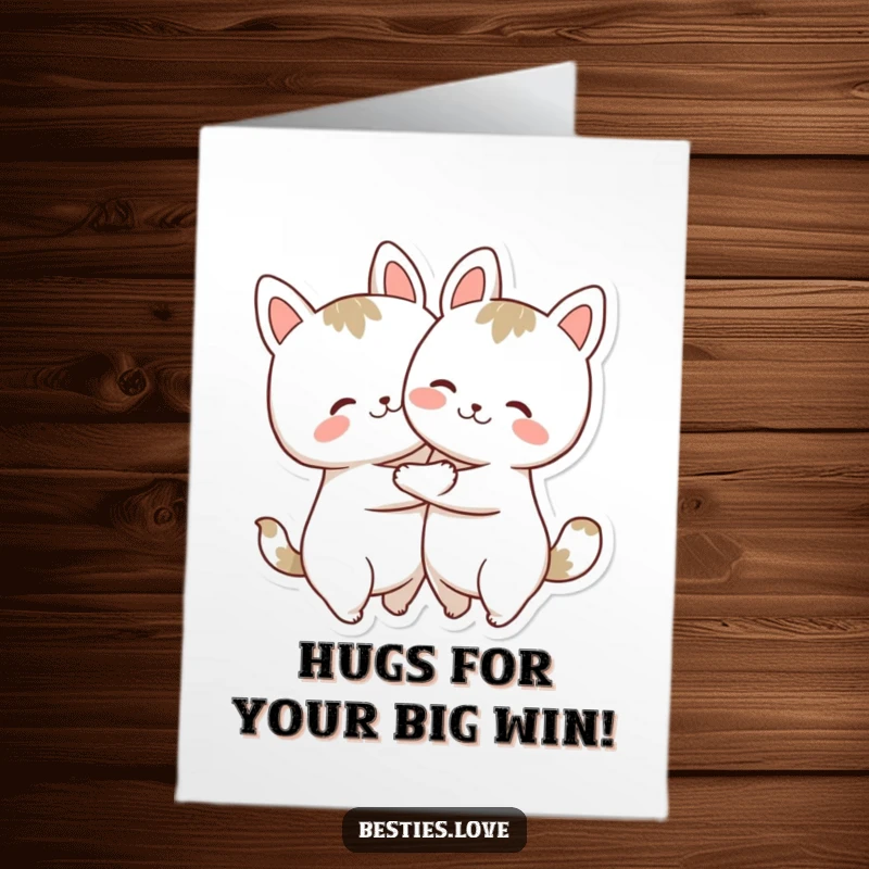 Funny Free Printable Congratulations Card showing two cute animals in a tight, joyful hug of celebration.