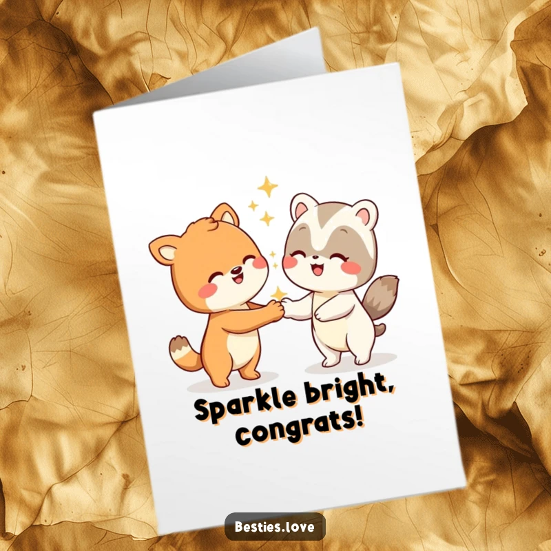 Funny Free Printable Congratulations Card: Two animal characters doing a super silly handshake with glittery effects, celebrating an achievement.