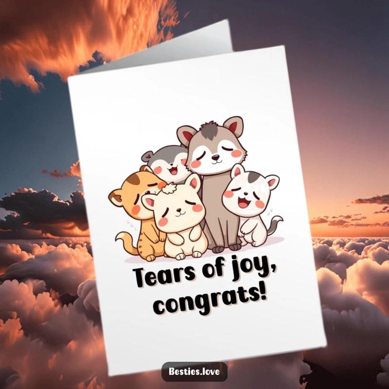Funny Free Printable Congratulations Card: Whimsical animal friends in stitches, laughing uncontrollably with tears of joy.