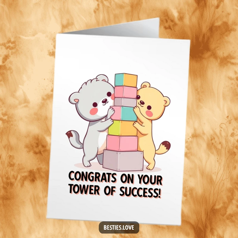 Funny Free Printable Congrats Card: Two bestie animals comically balancing colorful blocks to build a wobbly tower, looking determined yet amused. A cheerful design.