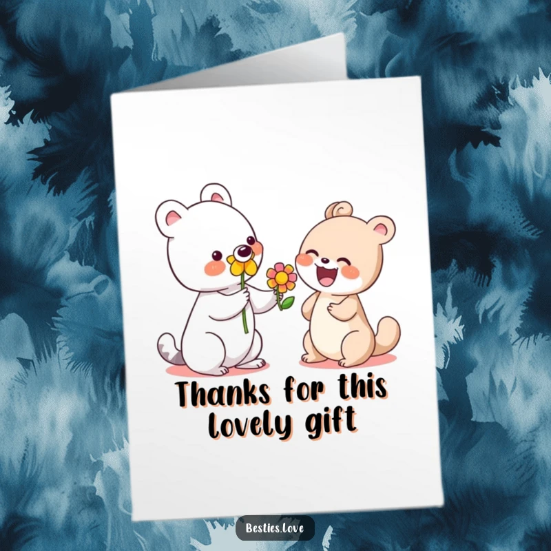 Funny Free Printable Thank You Card: A sweet animal offers a bright flower to another animal erupting in laughter.