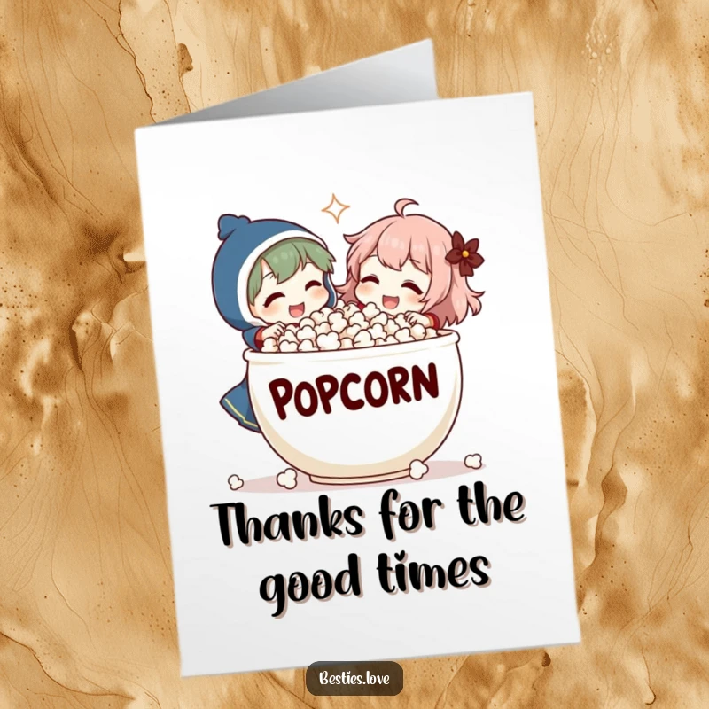 Funny Free Printable Thank You Card: Two characters giggling uncontrollably over a huge bowl of popcorn.