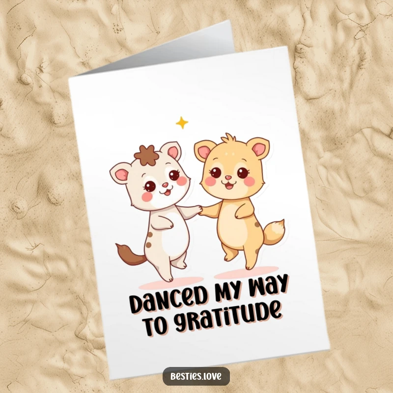 Funny Free Printable Thank You Card: Two happy animals dancing energetically with starry eyes.