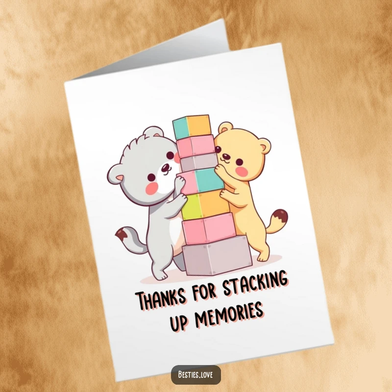 Funny Free Printable Thank You Card: Two bestie animals precariously stacking colorful blocks, with exaggerated effort and silly grins. A delightful illustration.