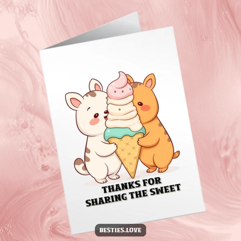 Funny Free Printable Thank You Card featuring two cartoon animals sharing a comically oversized ice cream cone.