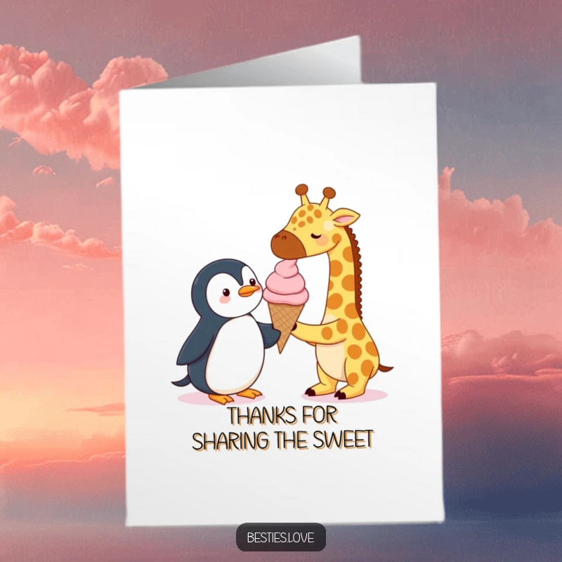 Funny Free Printable Thank You Card depicting a giraffe and penguin happily sharing one large ice cream cone.