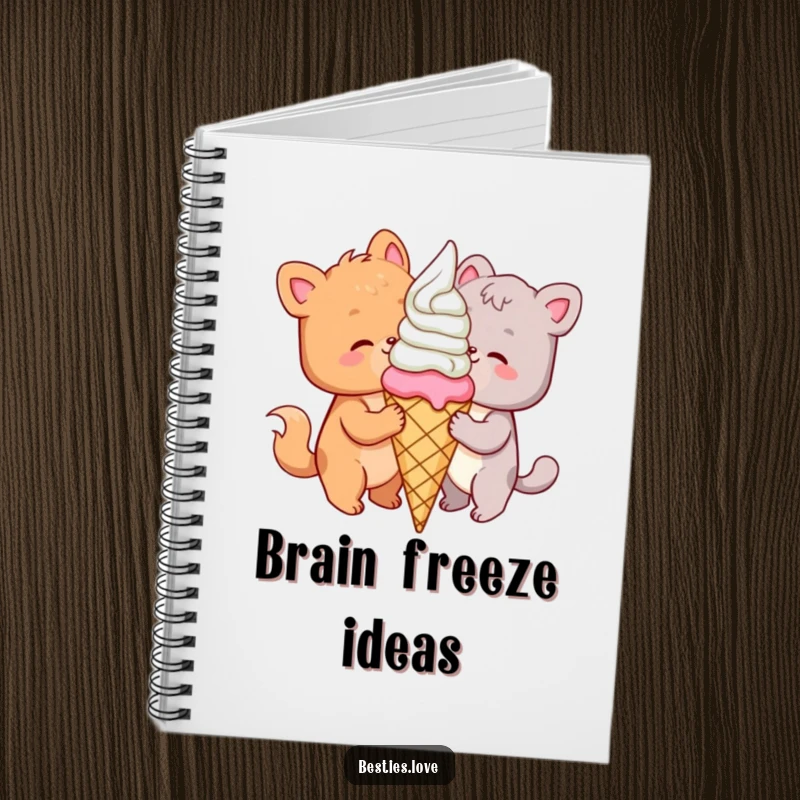 Funny animal notebook cover with two happy friends sharing a giant ice cream cone, perfect for jotting down sweet ideas.