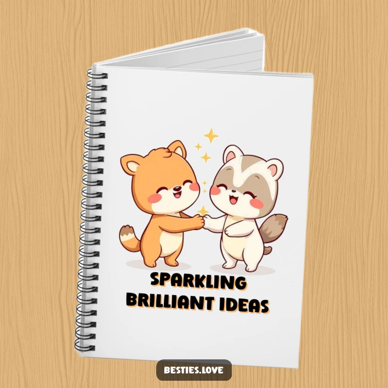 Funny animal notebook cover featuring two smiling characters doing a silly handshake with sparkling effects, perfect for jotting notes.