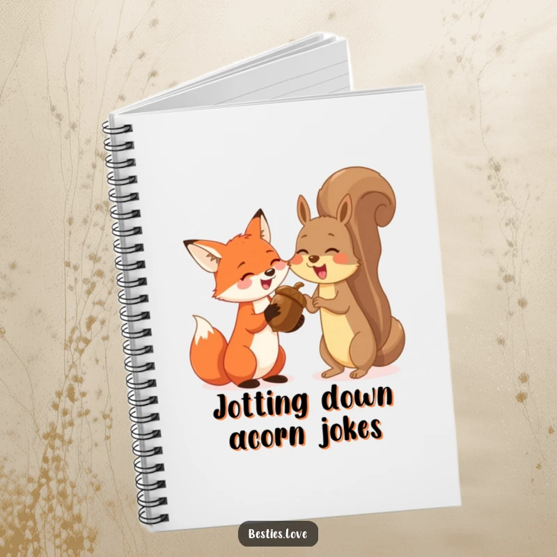 Funny notebook design with a playful fox and energetic squirrel sharing a huge acorn and giggling, inspiring creative and humorous writing.