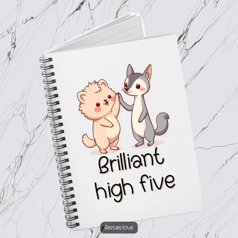Funny friends notebook, two kawaii animal friends, a fluffy and a sleek creature, enthusiastically high-fiving, stationery.