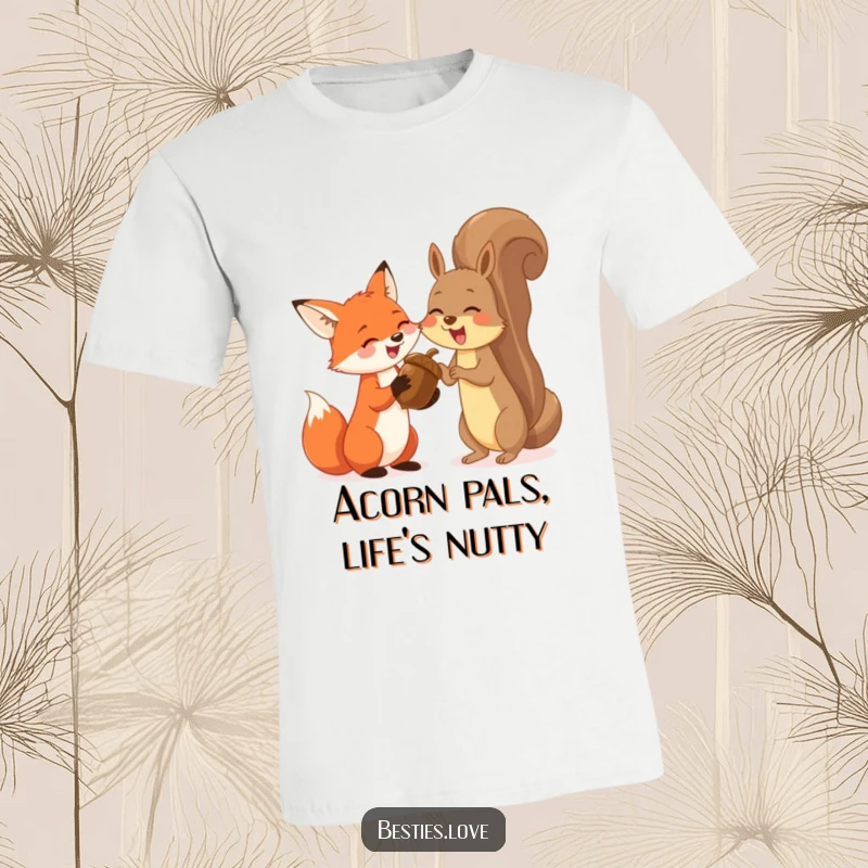 Funny t-shirt showing a joyful fox and an excited squirrel sharing a massive acorn and bursting into laughter, celebrating friendship.