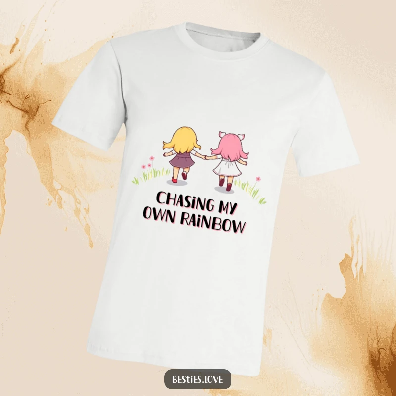 Funny t-shirt depicting two joyful best friends skipping merrily, holding hands, and adventuring down a bright, magical rainbow path.