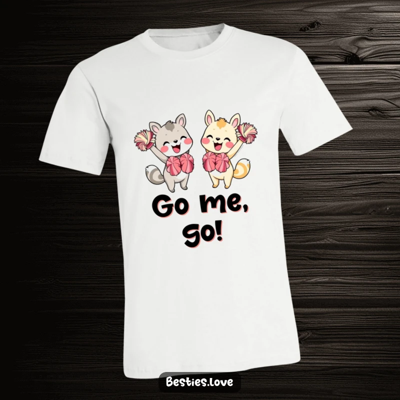 Funny Animal Friends T-Shirt: Two joyful animals energetically cheering with pom-poms and beaming smiles, radiating positivity.