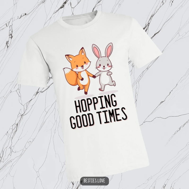 Funny fox and rabbit best friends t-shirt, capturing their enthusiastic skipping while holding hands, radiating pure happiness.