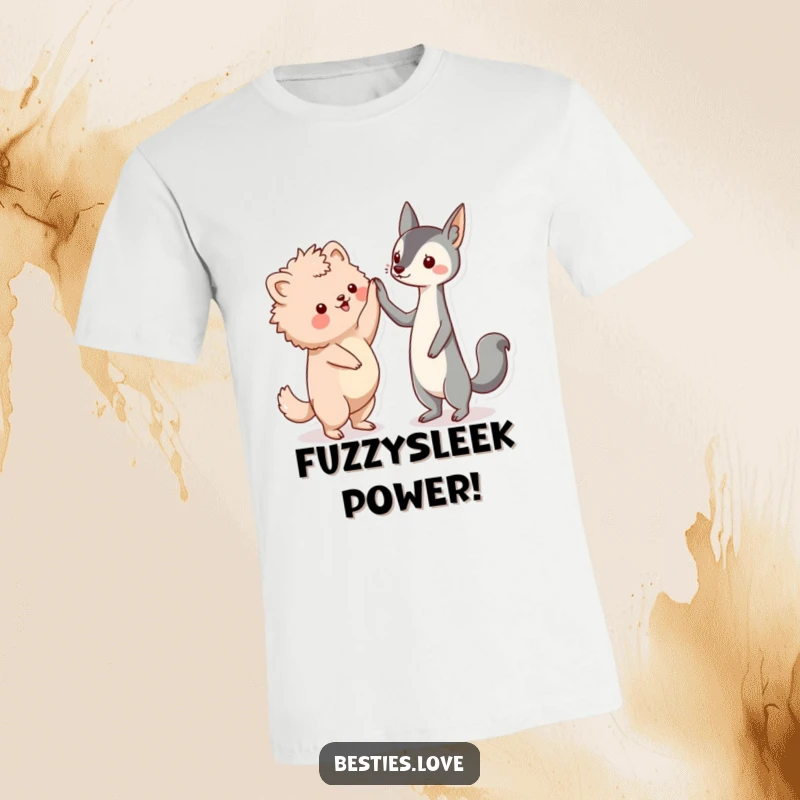 Funny friends t-shirt, two kawaii animal friends, one fluffy, one sleek, enthusiastically high-fiving, symbol of friendship.