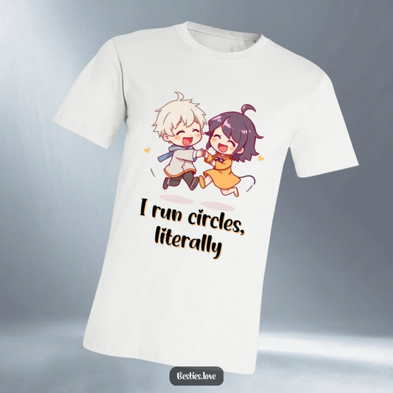 Funny T-Shirt depicting two characters playfully chasing each other in circles, captured mid-giggle, embodying pure fun and lightheartedness.