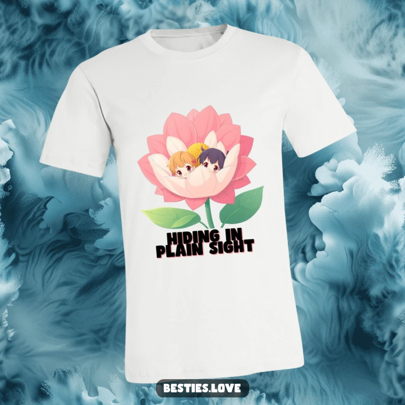Funny t-shirt featuring two cheerful characters peeking from behind a large, vibrant flower, celebrating playfulness and joy.