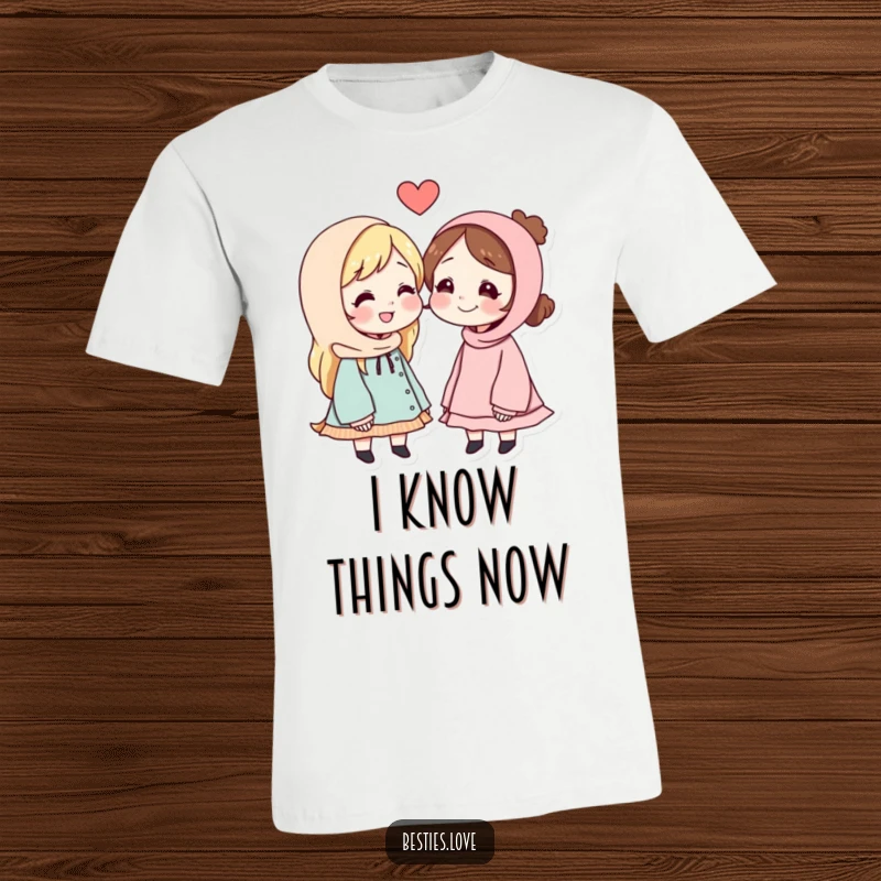 Funny t-shirt featuring two grinning best friends whispering secrets to each other, eyes twinkling with shared amusement and mischief.