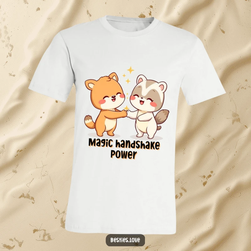 Funny animal t-shirt featuring two cheerful characters engaged in a comically elaborate handshake, complete with sparkly accents.