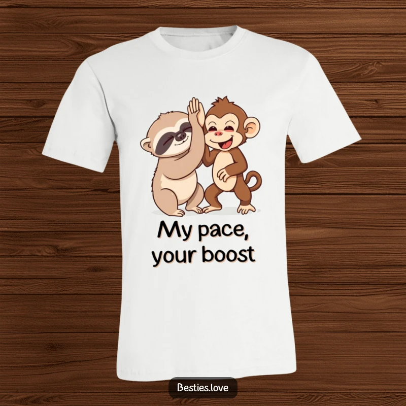 Funny t-shirt depicting a sleepy sloth and an energetic monkey high-fiving, representing the fun in opposites attracting.